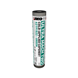 Photo of a green coloured IKO ULTRA Mach Two Cold Applied Capsheet roll