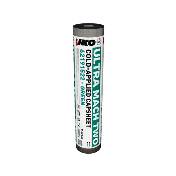 Photo of a green coloured IKO ULTRA Mach Two Cold Applied Capsheet roll