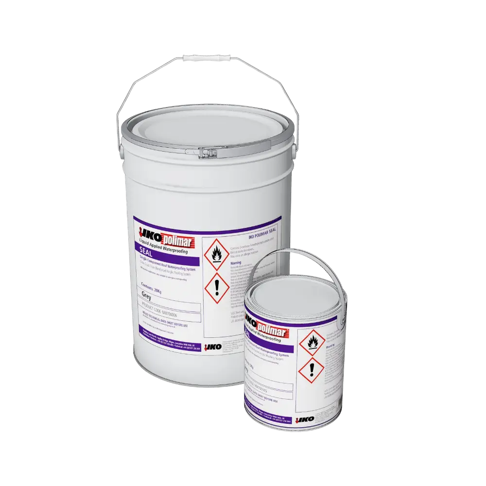 Photo displaying both a 5kg tin and a 20kg tin of IKO Polimar Seal