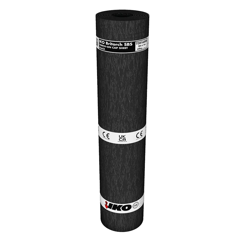 Image of a black coloured IKO Britorch SBS Torch-On Capsheet roll