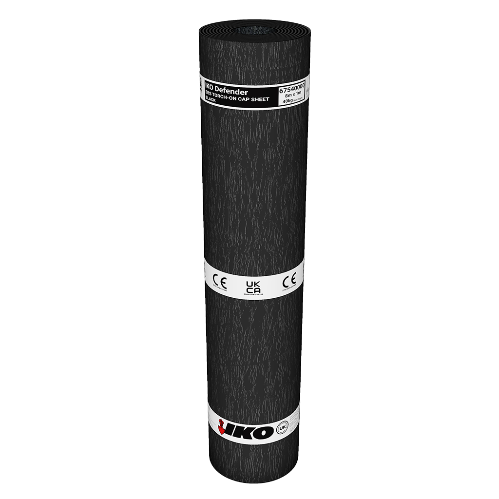 Image of a black coloured IKO Defender Torch-On SBS Capsheet roll