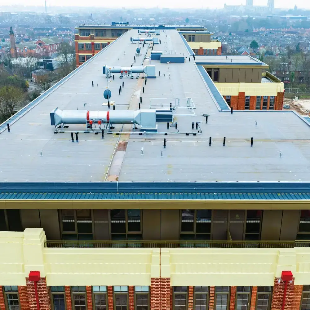 Photo of a completed IKO Armourplan P single ply roofing system at the Cocoa Works building refurbishment in York