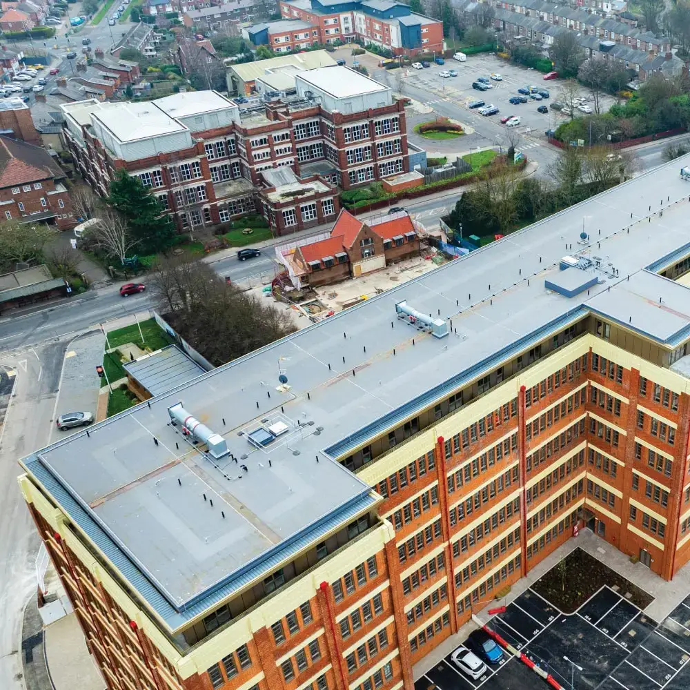 Photo of a completed IKO Armourplan P single ply roofing system at the Cocoa Works building refurbishment in York