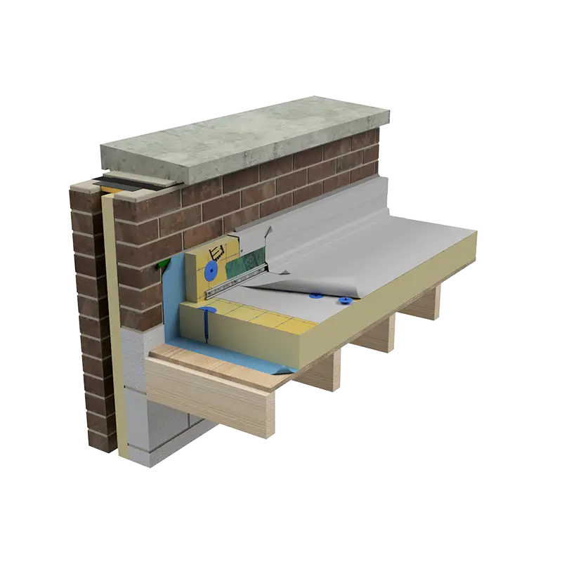 3D build-up image of an IKO Spectraplan mechanically fixed warm roof single ply system on a concrete deck