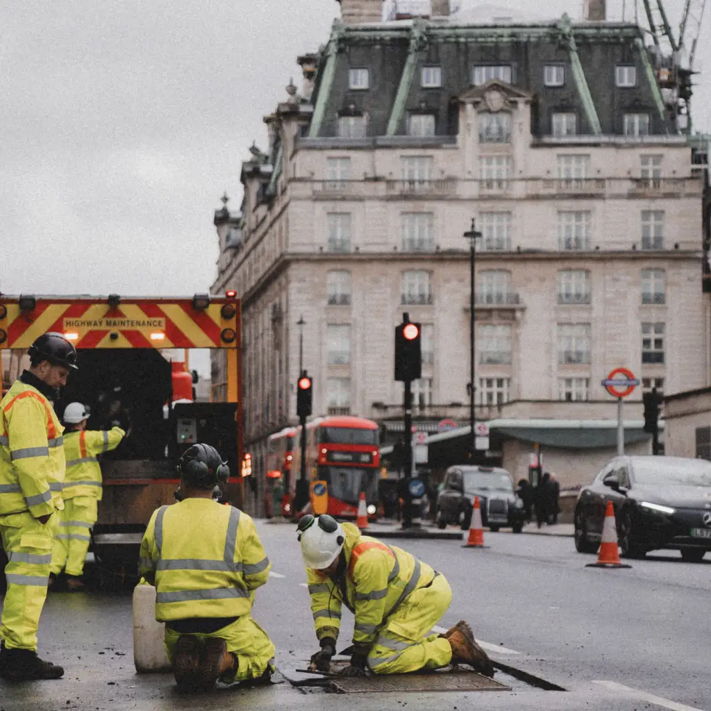 A photo of mastic asphalt contractors installing the IKO Pacopatch ironworks reinstatement system into a road surface in Piccadilly, London