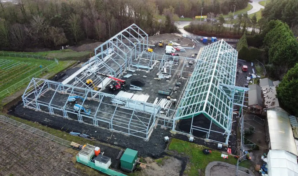 Drone photograph of the Brocksbushes Farm Shop project under construction