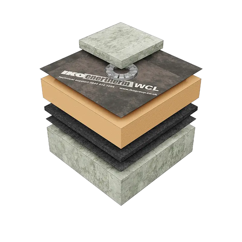 3D build-up graphic of an IKO Permaphalt LI inverted roof and waterproofing system - part of the reduced embodied carbon IKO LI range