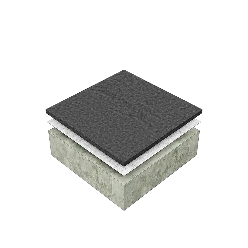 3D build-up graphic of an IKO Permaphalt LI uninsulated walkway system - part of the reduced embodied carbon IKO LI range