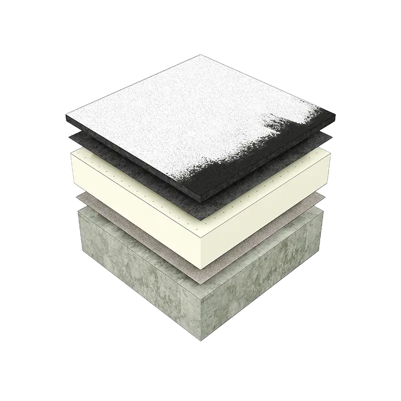 3D build-up graphic of an IKO Permaphalt LI warm roof and waterproofing system - part of the reduced embodied carbon IKO LI range