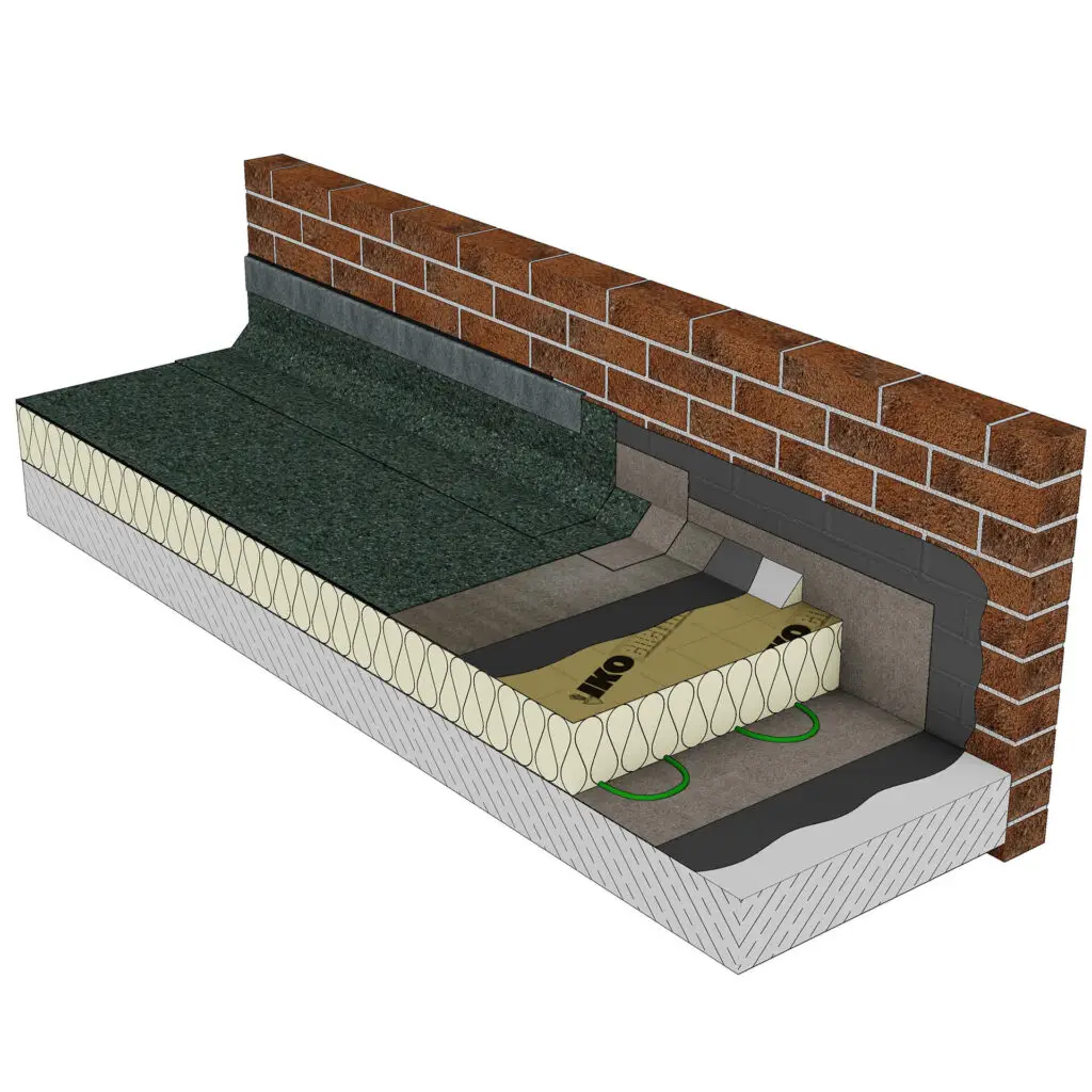 3D build-up of IKO ULTRA Prevent 25 and IKO ULTRA Gold 20 reinforced bituminous membrane roofing systems