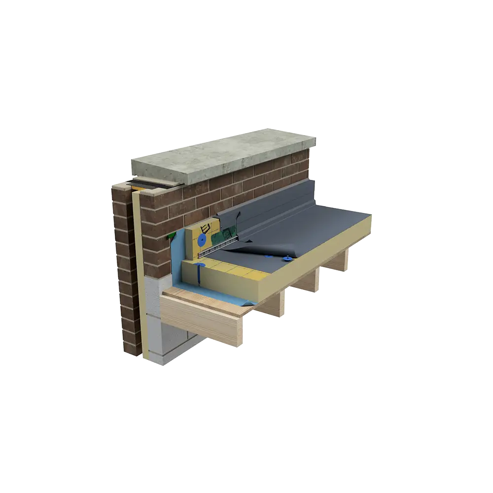 3D build-up graphic of a mechanically fixed single ply IKO Armourplan warm roofing system