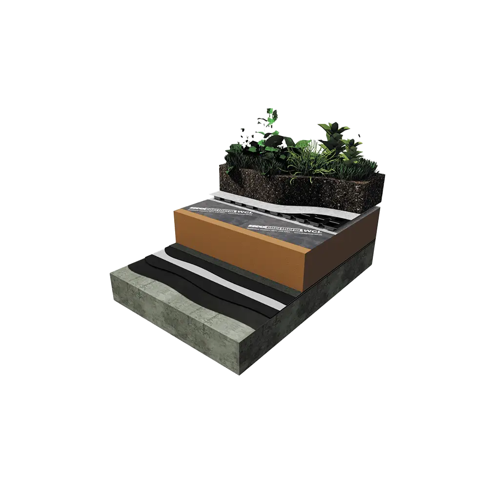 3D build-up graphic of an IKO Permatec LI hot melt roofing system, inclusive of a green roof