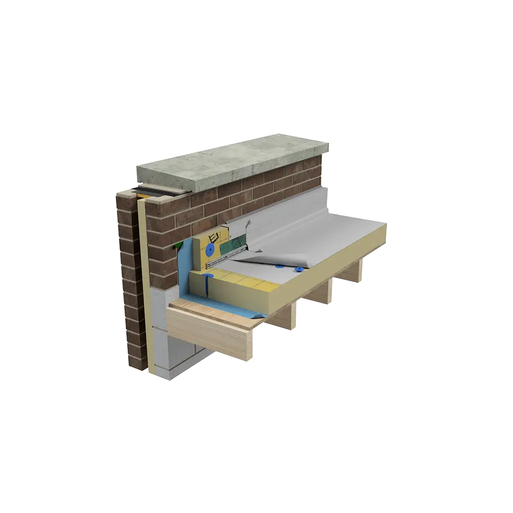 3D build-up graphic of a mechanically fixed single ply IKO Spectraplan warm roofing system