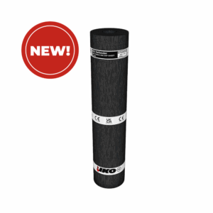 Image of a black coloured IKO Defender Torch-On SBS Capsheet roll with a NEW roundel