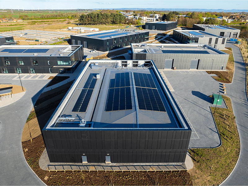 Photograph of the completed NETPark Durham IKO Armourplan P single ply PVC roofing systems