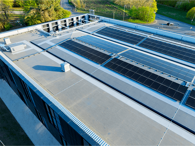 Photograph of the completed NETPark Durham IKO Armourplan P single ply PVC roofing systems