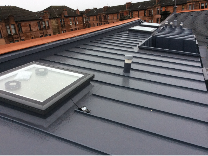 Photo of the IKO Armourplan P single ply membrane roofing system with standing seam effect waterproofing at Holmlea Primary School in Glasgow