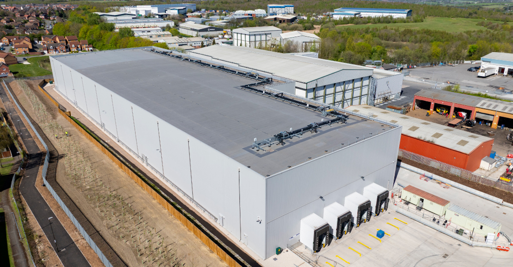 Photo of an IKO single ply industrial roofing system on a temperature-controlled warehousing project