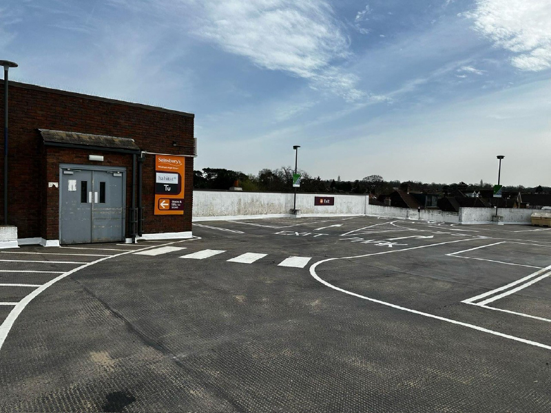 Photo of the IKO Permapark mastic asphalt car park waterproofing system installed at Sainsbury's Car Park, West Wickham, Greater London