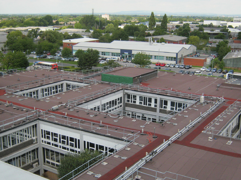Photo of the IKO ULTRA Prevent 25 reinforced bituminous membrane flat roofing system installed at Wythenshawe Hospital