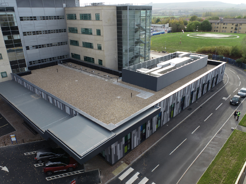 Photo of the IKO Permatec inverted hot melt roofing system installed at Great Western Hospital in Swindon