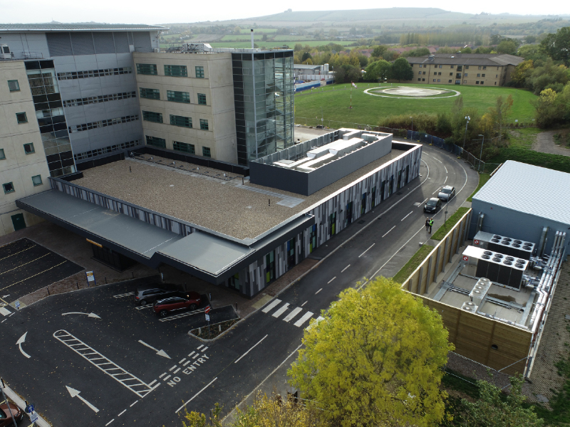 Photo of the IKO Permatec inverted hot melt roofing system installed at Great Western Hospital in Swindon