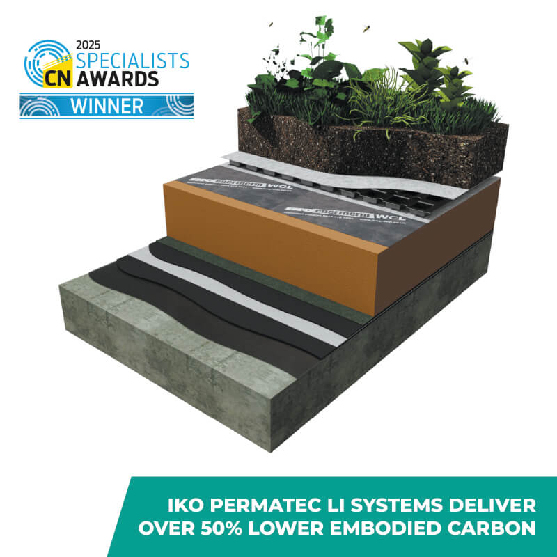 3D hot melt roofing system build-up graphic of the IKO Permatec LI anti-root inverted roof system with 2025 Construction News Specialists Awards win logo