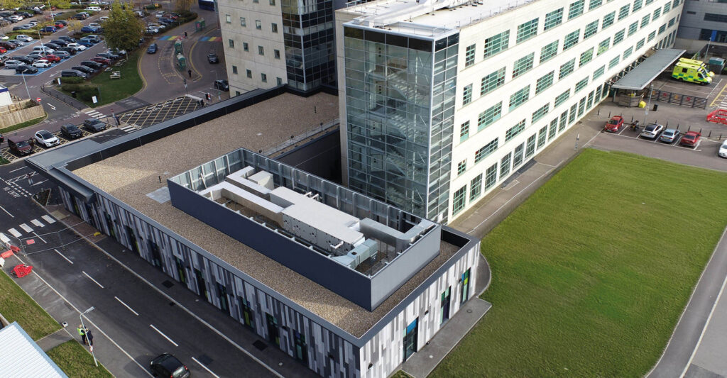 Aerial photo of roofing for healthcare buildings