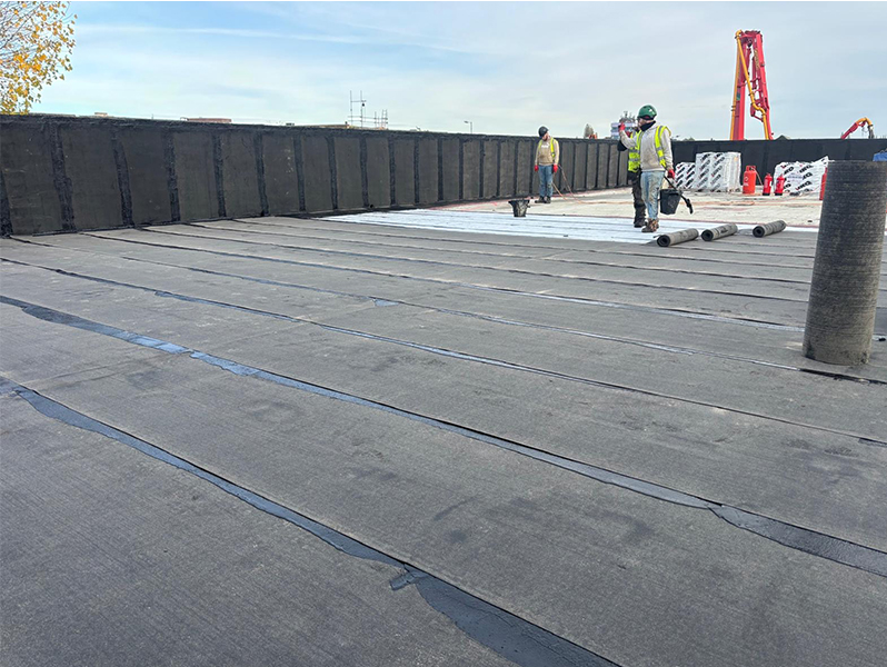 Photo of the IKO Permatec LI hot melt inverted roofing system, IKO Armourplan PSG single ply roofing system, and IKO Elements Extensive Green Roof at the Oxlow Bridge SEND School project