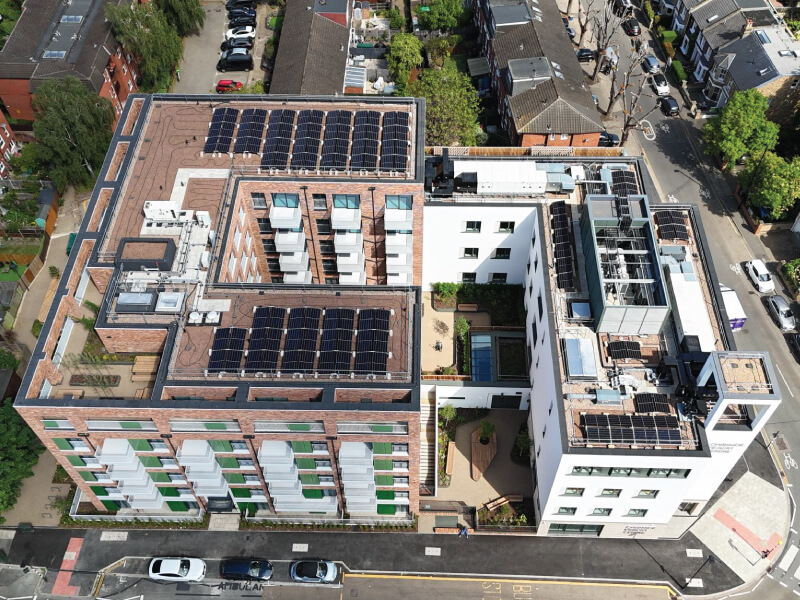 Photo of the IKO Permatec LI Anti-Root Inverted Roofing and Waterproofing System with IKO Elements Extensive Green Roof System at the Chiswick Health Centre and Residential Building project