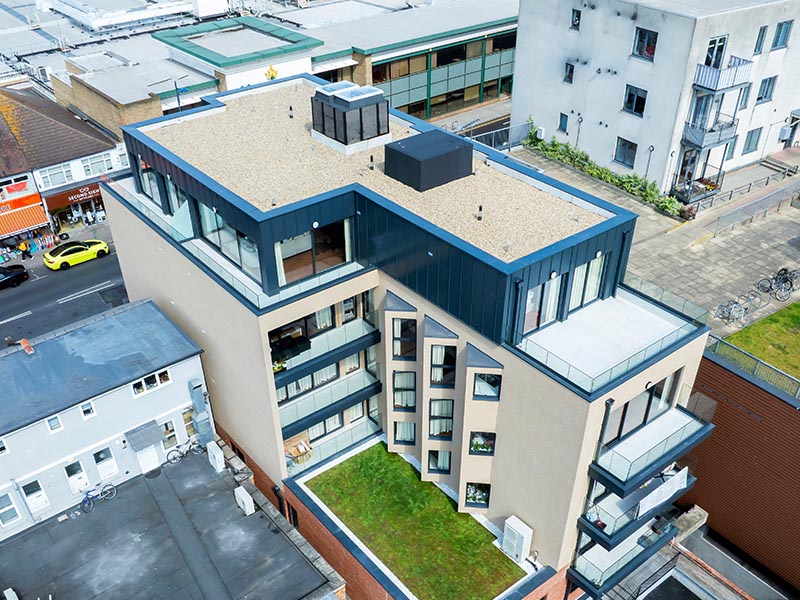 Aerial photo of the IKO Permatec LI Inverted Waterproofing System at 104-106 Welling High Street