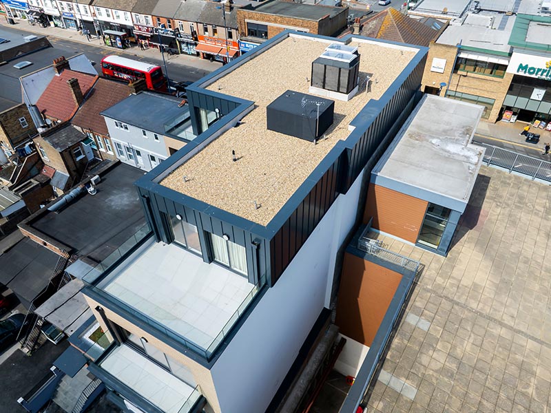 Aerial photo of the IKO Permatec LI Inverted Waterproofing System at 104-106 Welling High Street