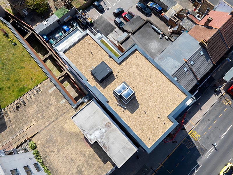 Aerial photo of the IKO Permatec LI Inverted Waterproofing System at 104-106 Welling High Street