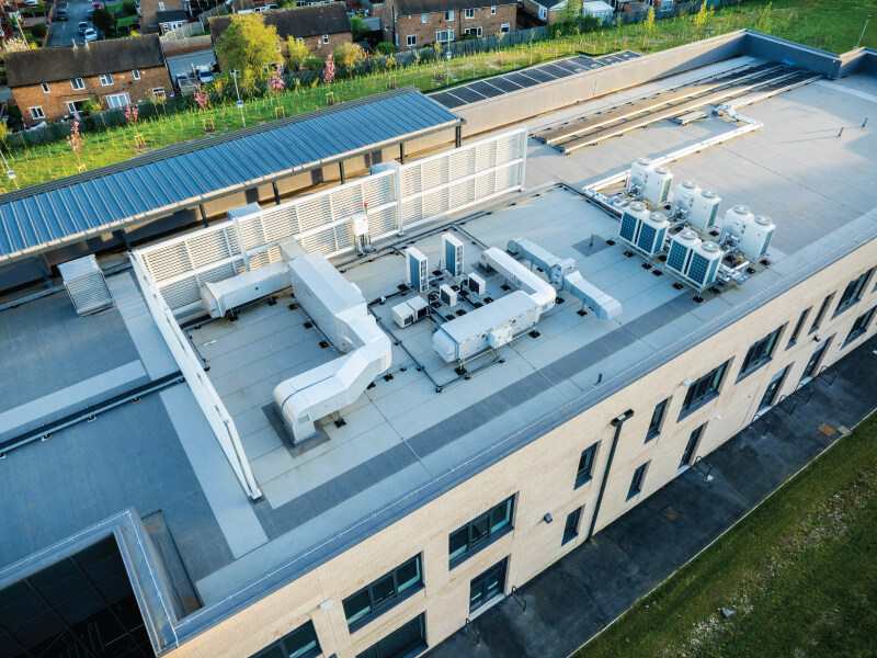 Aerial photo of the IKO Armourplan P single ply roofing and waterproofing system at Pudsey Sixth Form College in Leeds