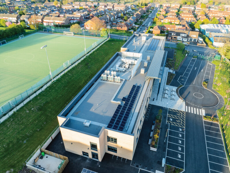 Aerial photo of the IKO Armourplan P single ply roofing and waterproofing system at Pudsey Sixth Form College in Leeds