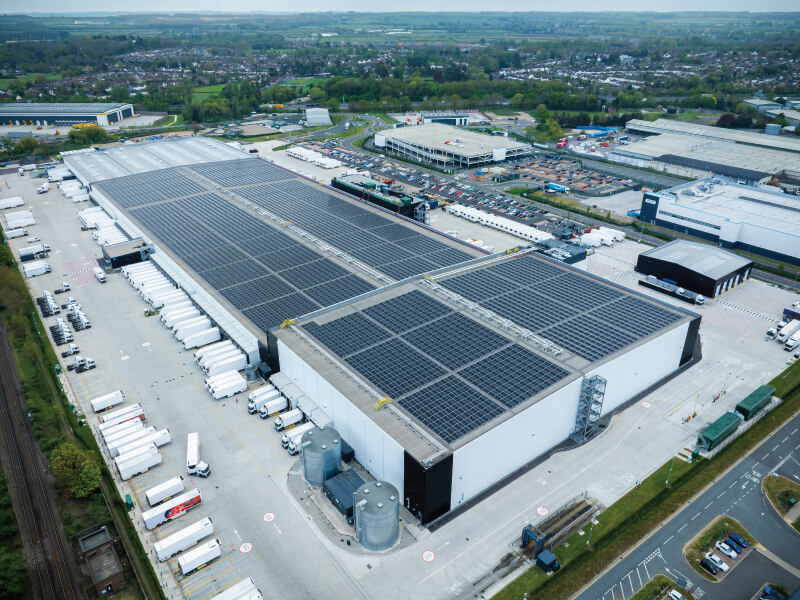 Aerial photo of the IKO Armourplan PSG single ply roofing and waterproofing system at Panattoni Park Aylesford Distribution Centre in Kent