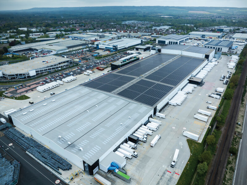 Aerial photo of the IKO Armourplan PSG single ply roofing and waterproofing system at Panattoni Park Aylesford Distribution Centre in Kent
