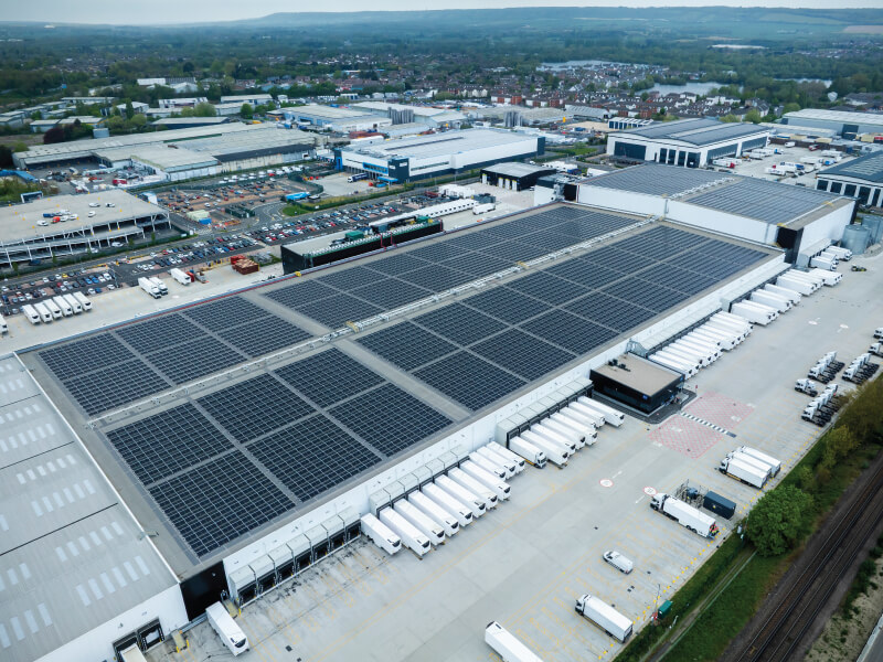 Aerial photo of the IKO Armourplan PSG single ply roofing and waterproofing system at Panattoni Park Aylesford Distribution Centre in Kent