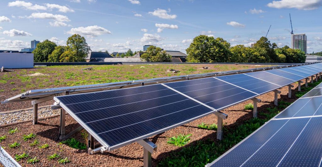 Photo of an IKO Elements bio solar roofing system demonstrating sustainability in construction