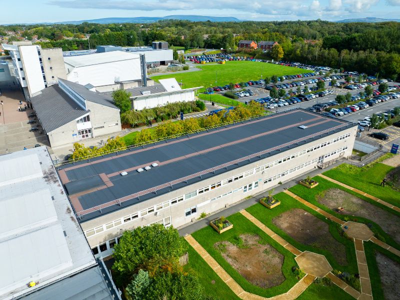 Completed flat roof replacement at Preston College with the IKO ULTRA Prevent 25 System